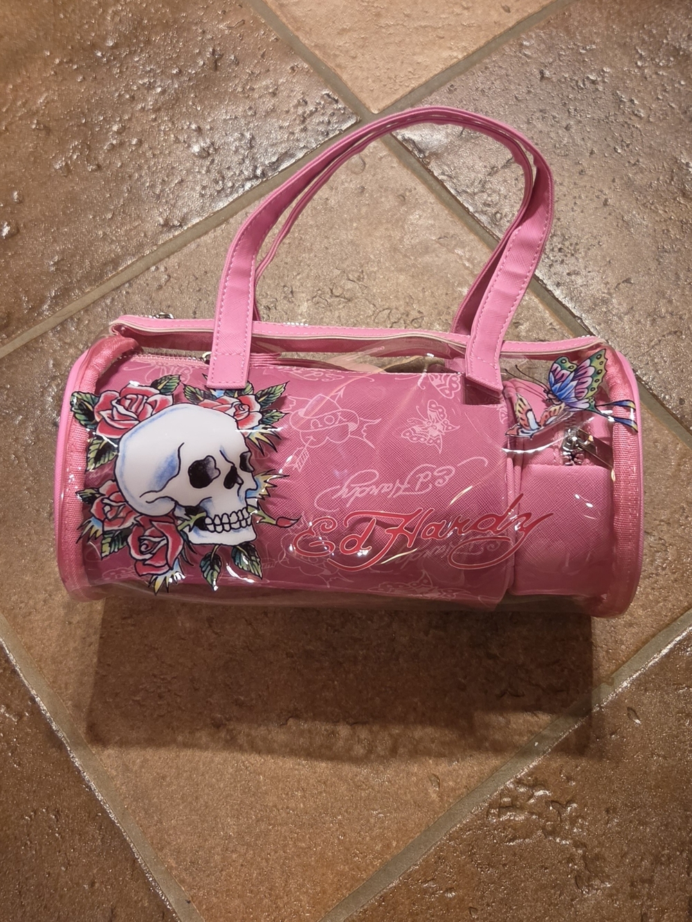 Ed Hardy 3-in-1 Pink Vinyl Barrel Cosmetic Bag Set